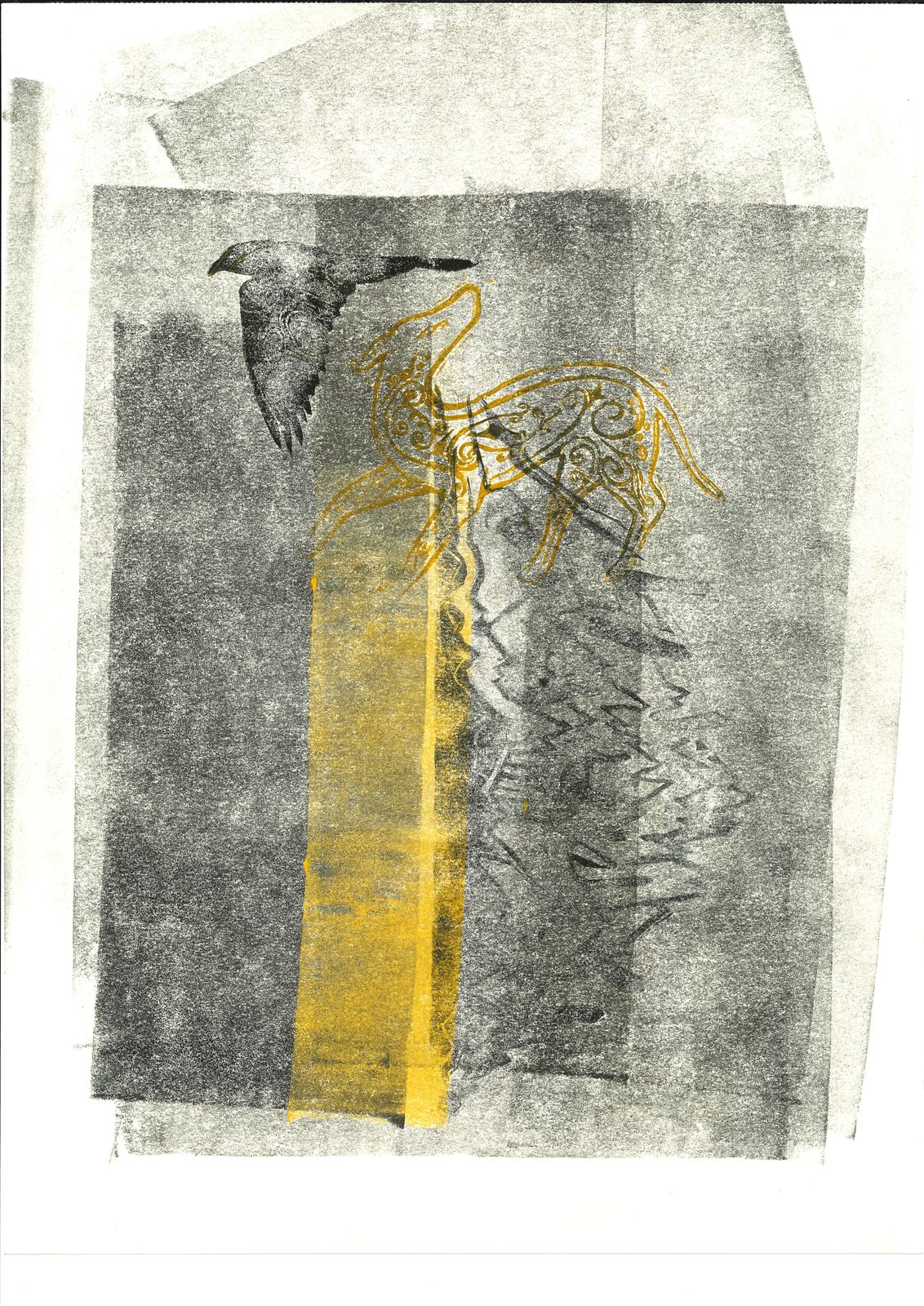 Bird of prey, ornamented hound and mountains, layered in grey and gold over a printed field.