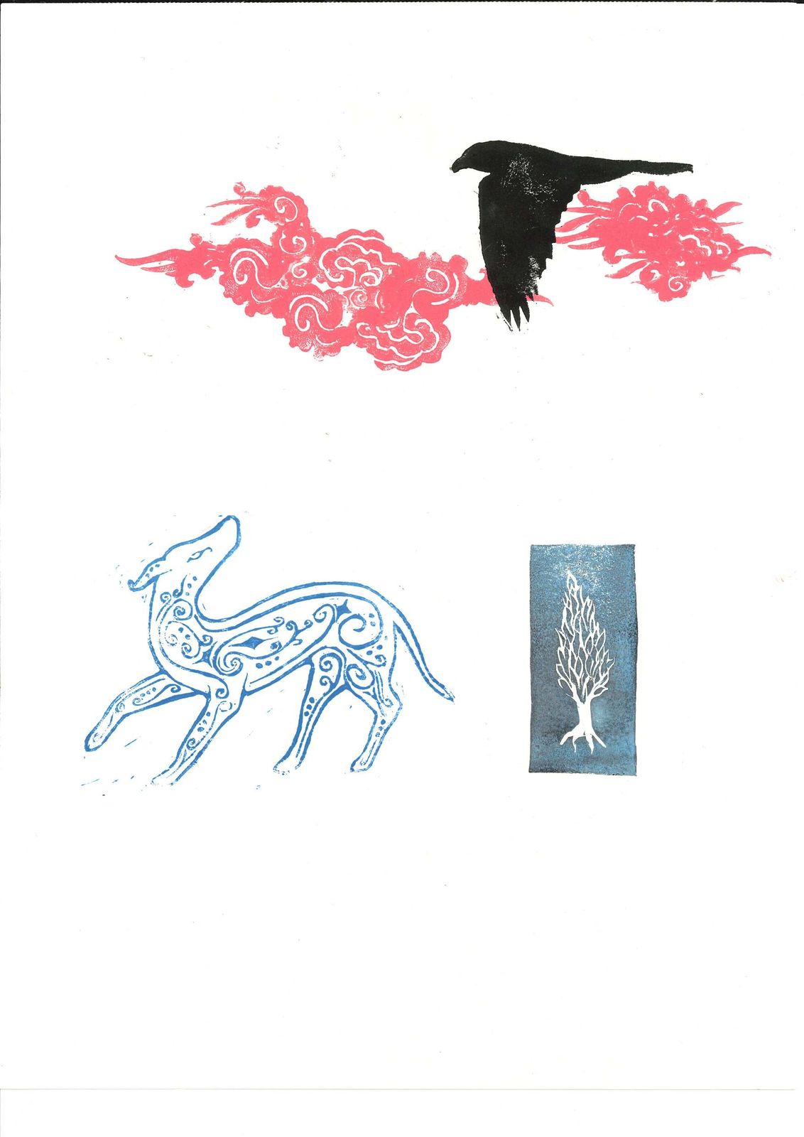 Black bird between two red cloud stamps; below, a hound in blue and a cypress on a blue ground.