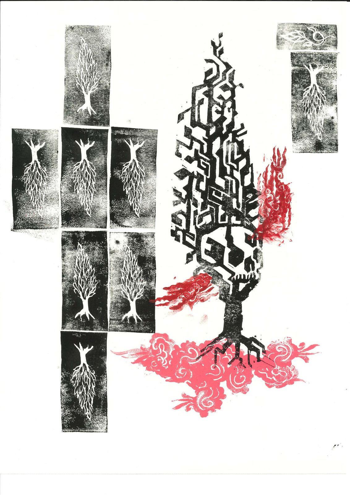Seven cypress panels arranged as a cross beside a circuit-cut tree, flame and cloud in red.